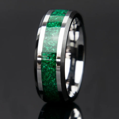 Men 8mm Tungsten Beveled Edges Crushed Malachite Stone Inlay Wedding Band